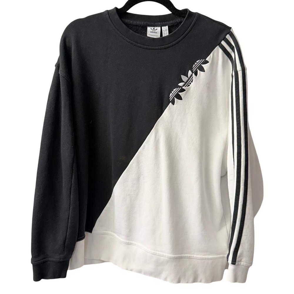 Adidas Sweatshirt Women Medium Black White Colorblock Trefoil 3-Stripes Pullover